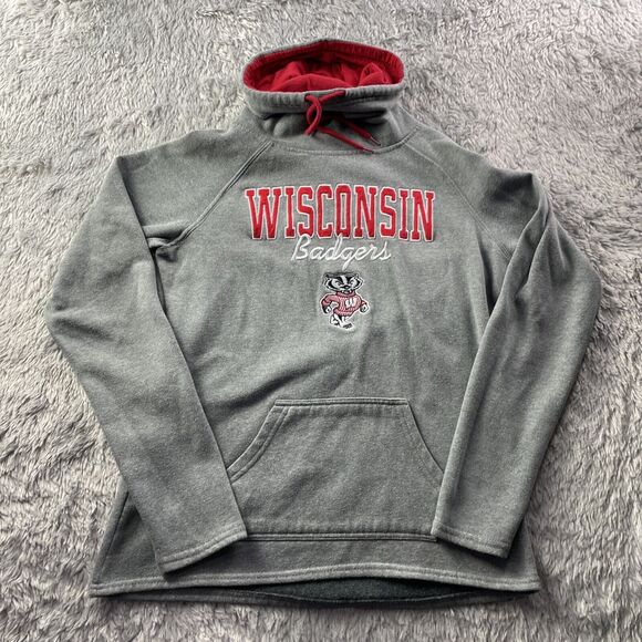 Wisconsin Badgers Sweatshirt Womens Small Gray Red Cowl Neck Pullover Bucky UW - Picture 2 of 9